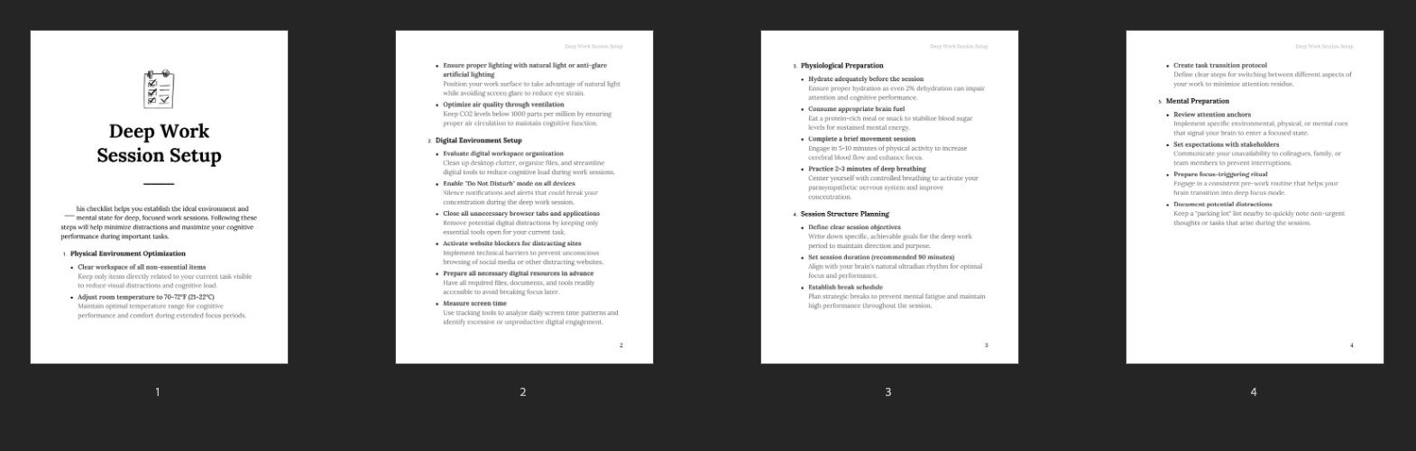 Deep Work checklist page overview
