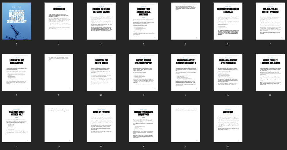 Cover and preview of the PDF listicle: 13 Content Marketing Mistakes to Avoid (image 5)