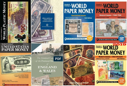 Collage ad alta risoluzione delle otto copertine digitali dei cataloghi “World Paper Money” e guide specializzate, sovrapposte a colorate banconote internazionali: richiama subito l’attenzione di chi colleziona cartamoneta.