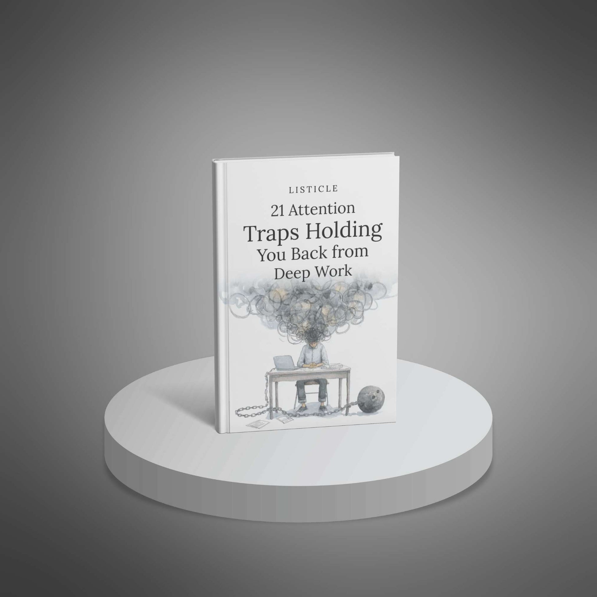 Cover mockup: '21 Attention Traps Holding You Back from Deep Work' listicle