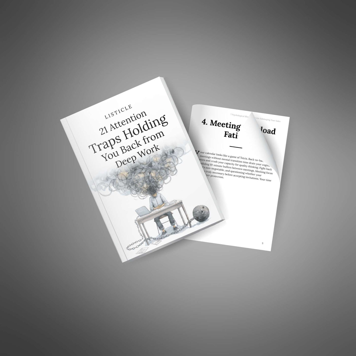 Cover plus curled page preview: Meeting Overload Fatigue section