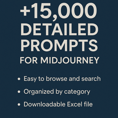 Excel spreadsheet with over 30,000 AI prompts for Midjourney, organized by category, with descriptive titles and detailed visual prompts.