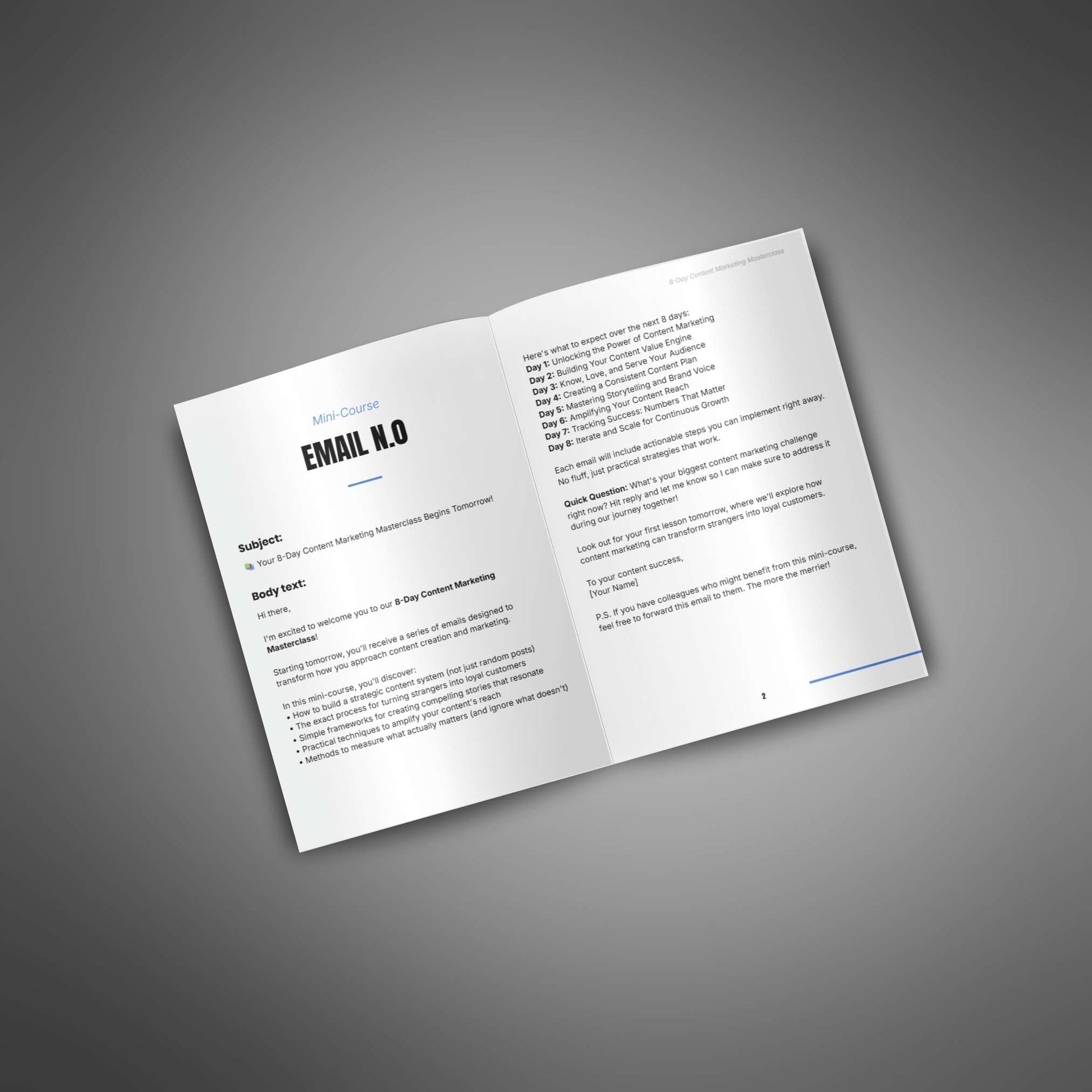 Preview images of the 8-Day Content Marketing Masterclass email course (PDF pages and cover) (image 2)