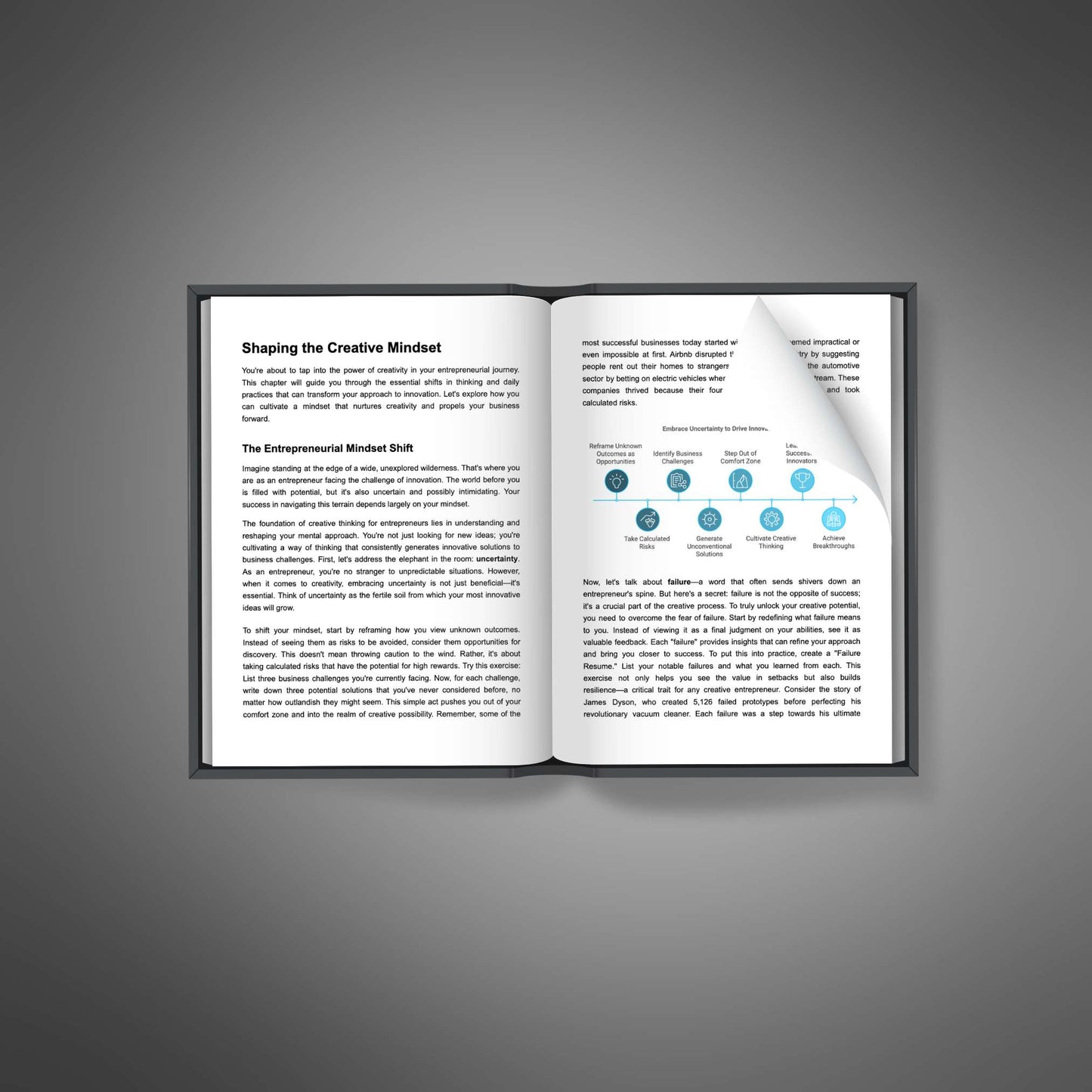 Open book spread showing interior pages of Become Creative Genius ebook