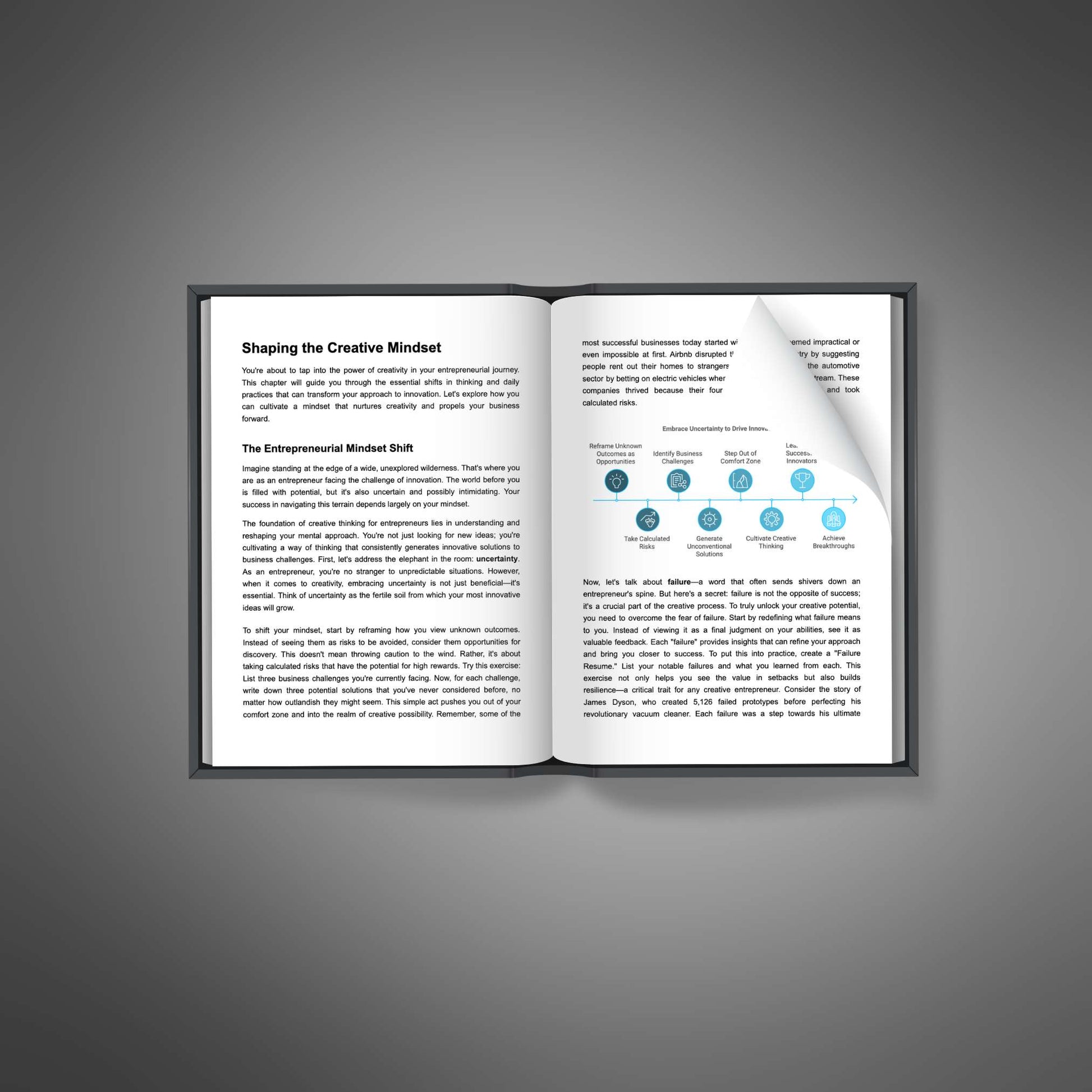 Open book spread showing interior pages of Become Creative Genius ebook