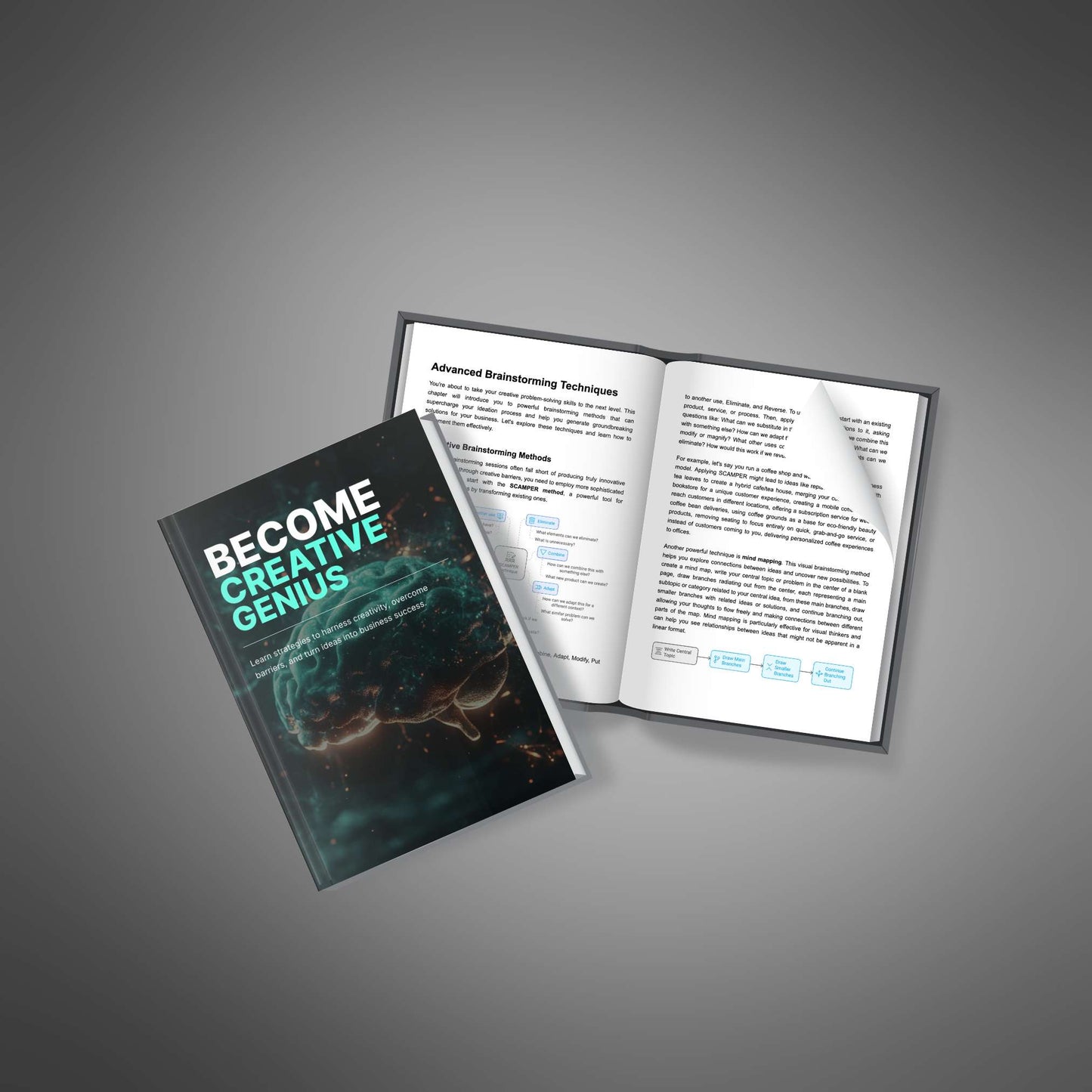 Flat lay mockup showing cover and open pages of Become Creative Genius ebook