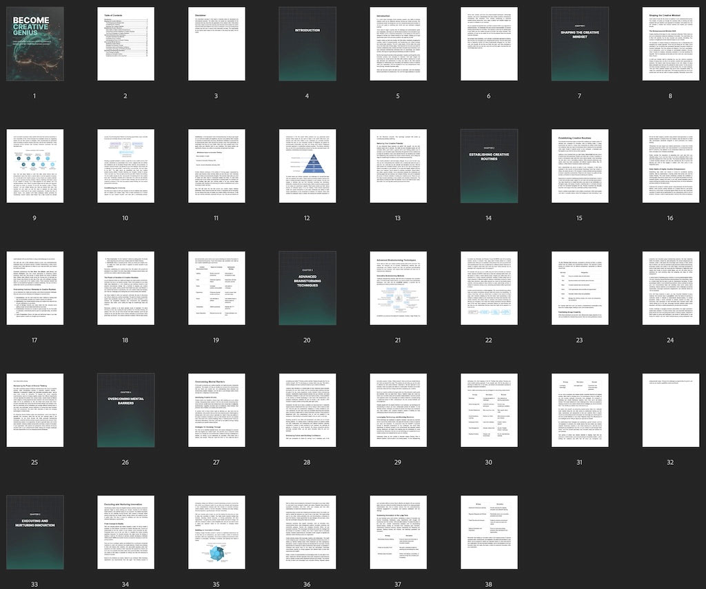Thumbnail overview of all pages inside Become Creative Genius ebook