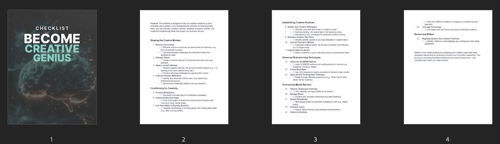 Overview of all pages from the Become Creative Genius checklist