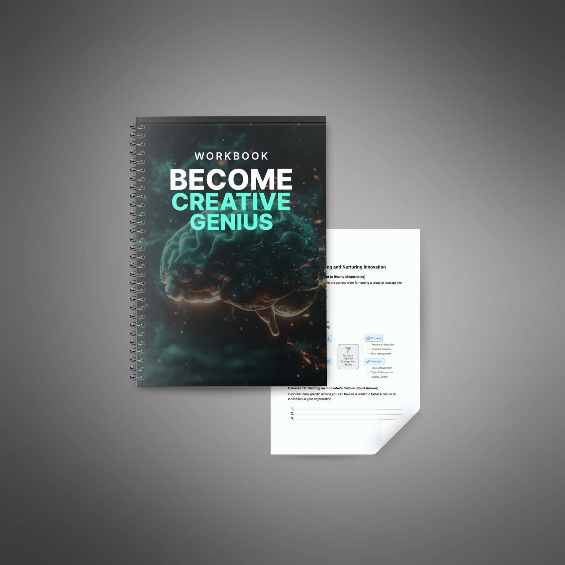 Become Creative Genius workbook with an exercise page visible