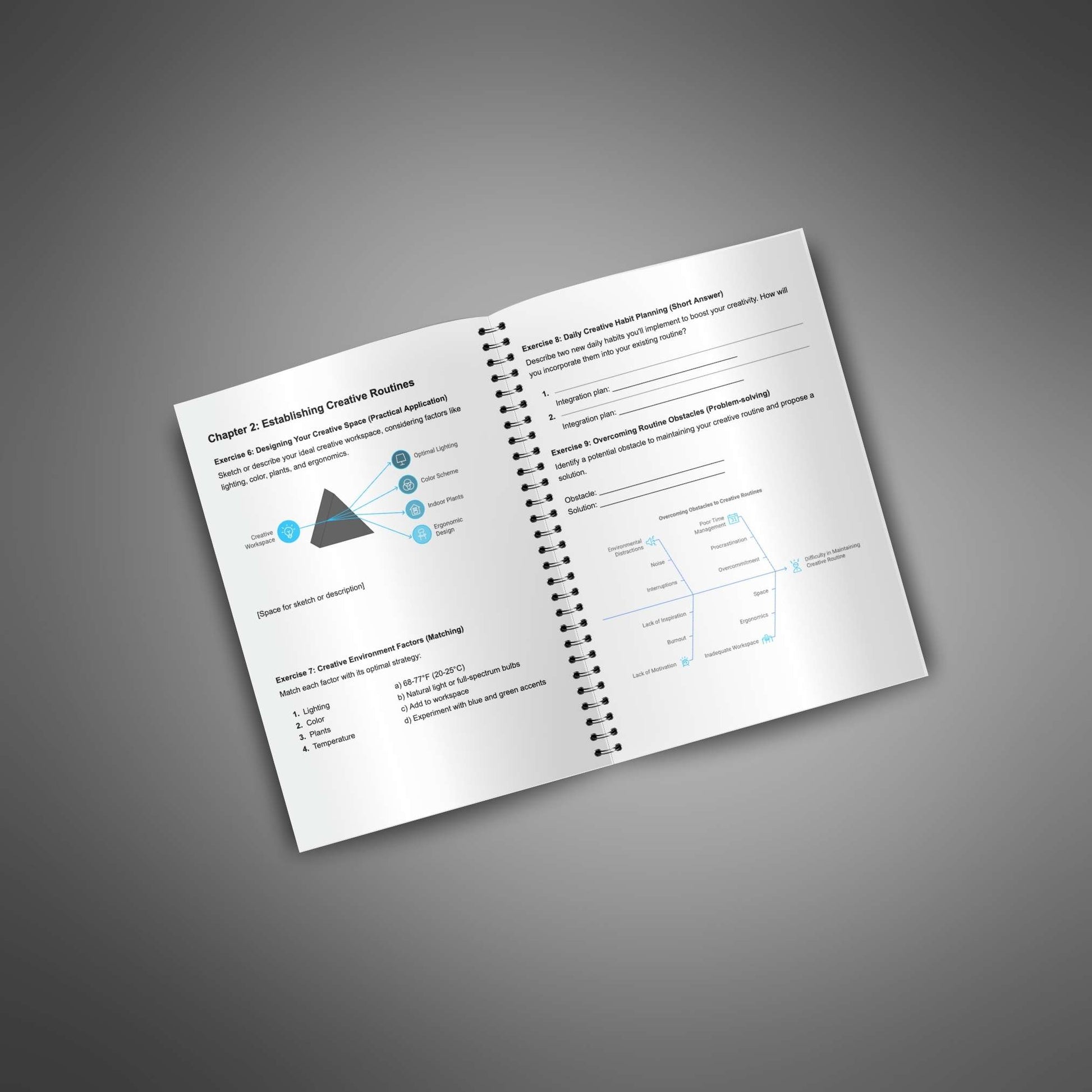 Preview of fillable pages from the Become Creative Genius workbook