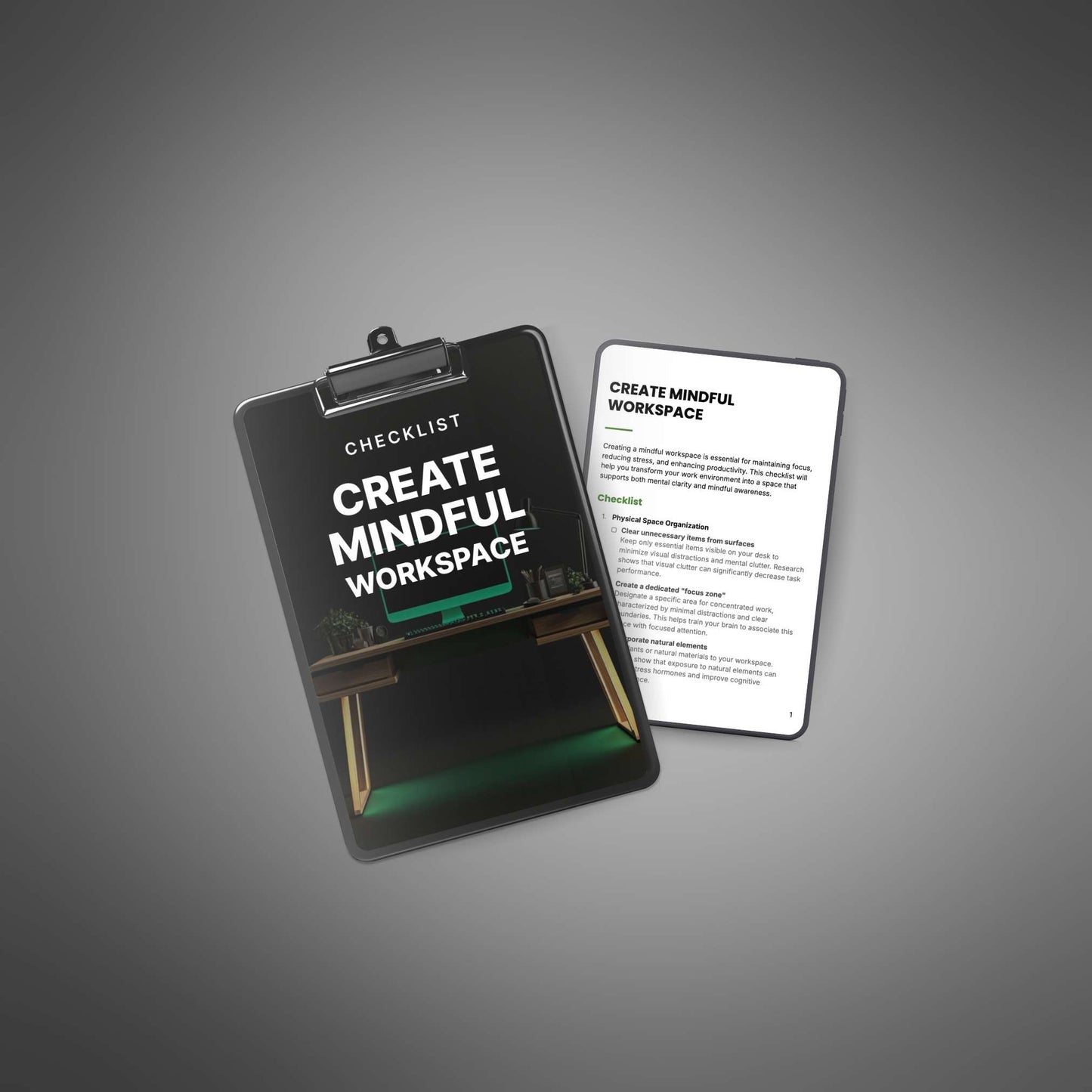 Create Mindful Workspace checklist cover with open page preview