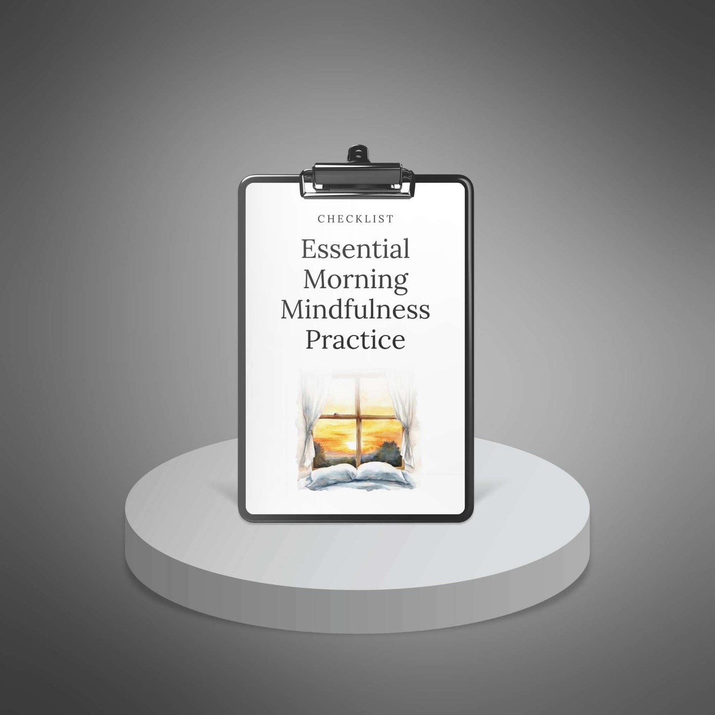 Essential Morning Mindfulness Practice checklist mockup on a grey podium