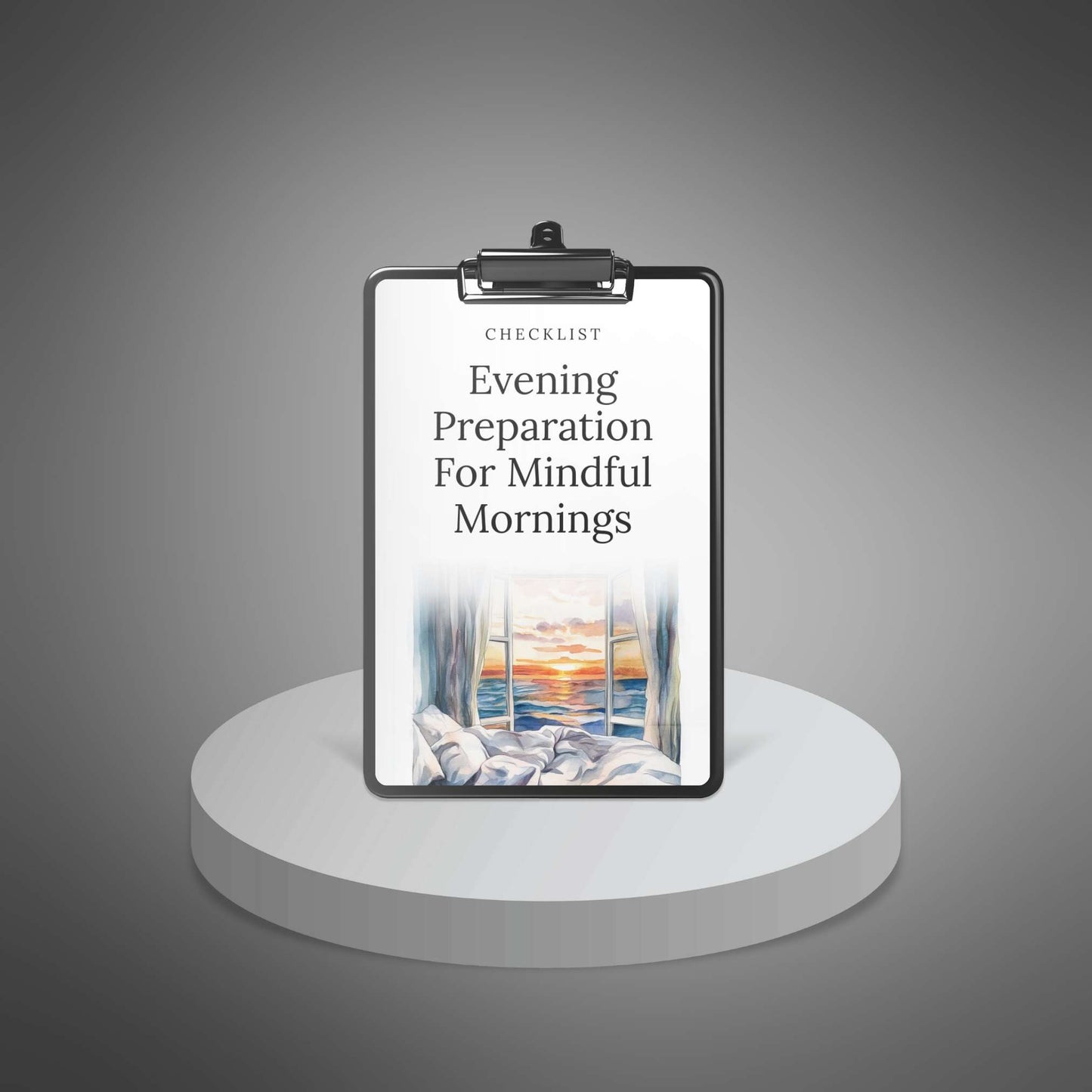 Evening Preparation for Mindful Mornings checklist mockup on clipboard and digital devices