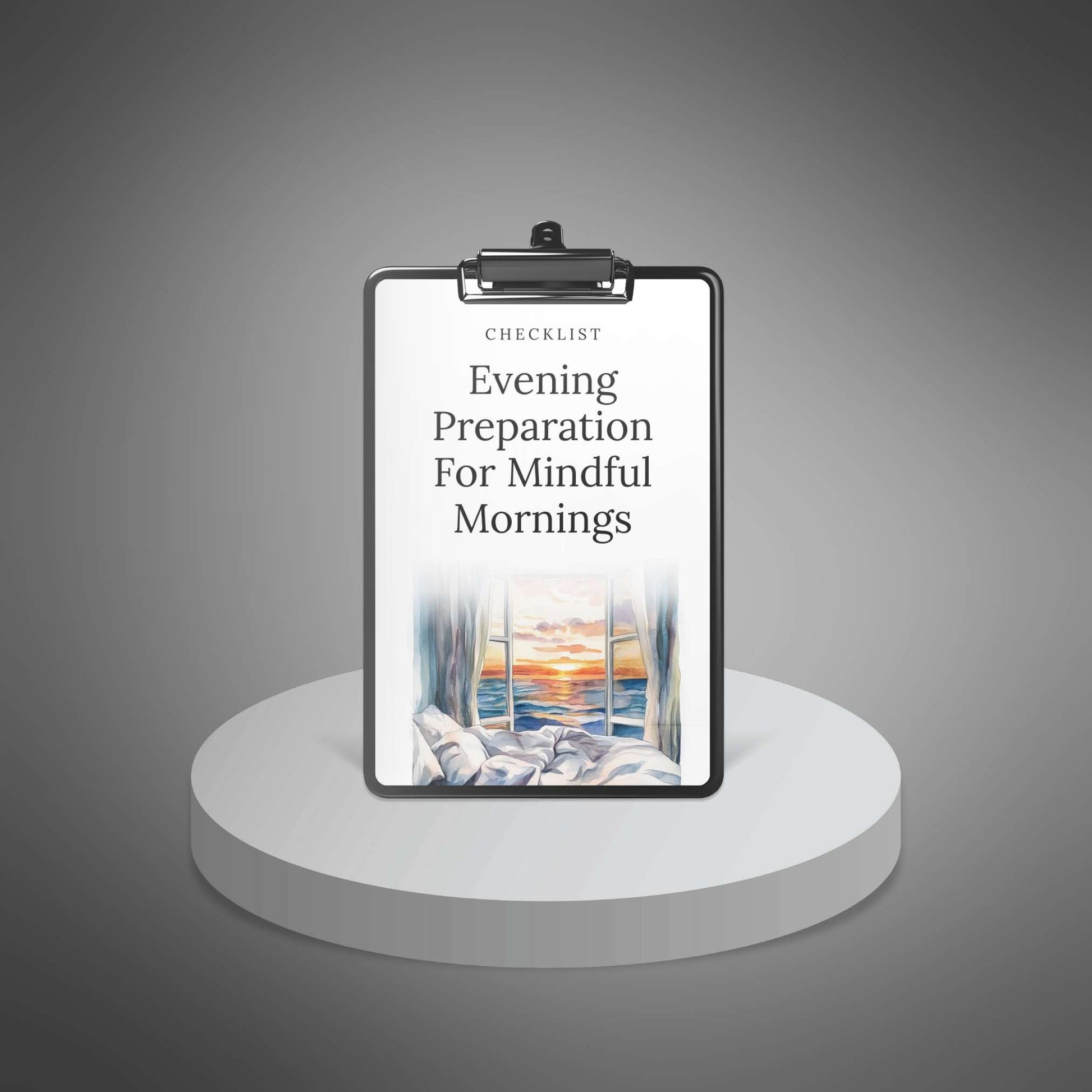 Evening Preparation for Mindful Mornings checklist mockup on clipboard and digital devices