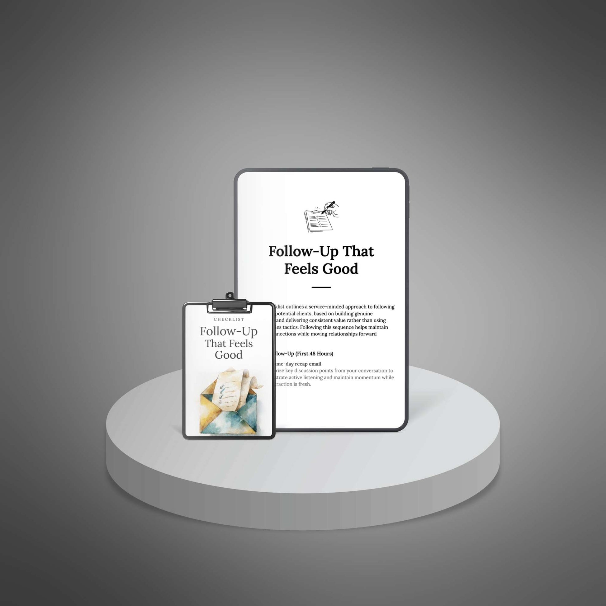 Tablet and clipboard mockup for follow‑up checklist