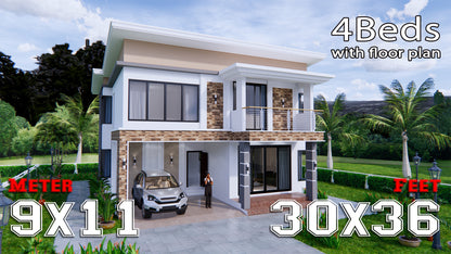 Printable 4 bedroom 3 bathroom modern house plan with shed roof, 9x11 meters (30x36 feet), PDF with 3D views and CAD files