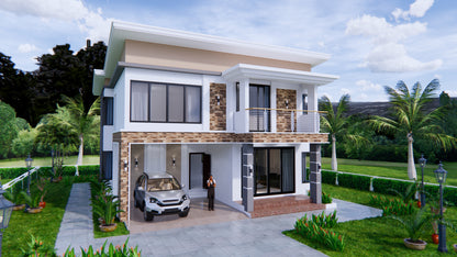 Printable 4 bedroom 3 bathroom modern house plan with shed roof, 9x11 meters (30x36 feet), PDF with 3D views and CAD files