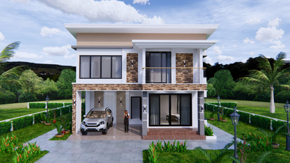 Printable 4 bedroom 3 bathroom modern house plan with shed roof, 9x11 meters (30x36 feet), PDF with 3D views and CAD files