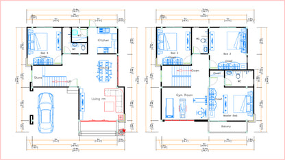 Printable 4 bedroom 3 bathroom modern house plan with shed roof, 9x11 meters (30x36 feet), PDF with 3D views and CAD files