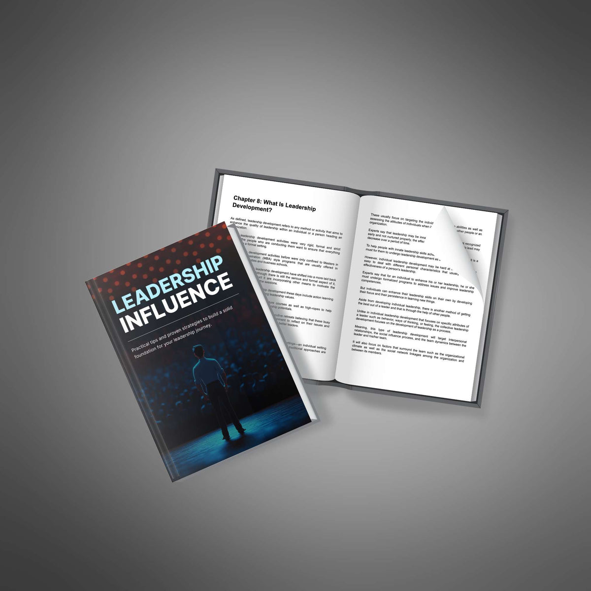 Leadership Influence book and open pages mockup