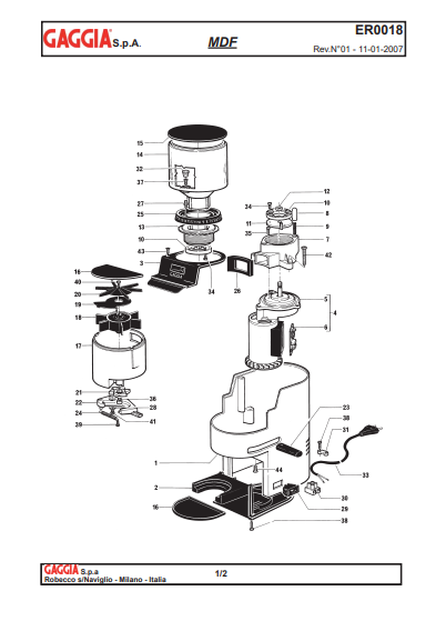 Manuale Gaggia MDF Macinacaffè + Ricambi Esploso + Schema Elettrico (PDF)
