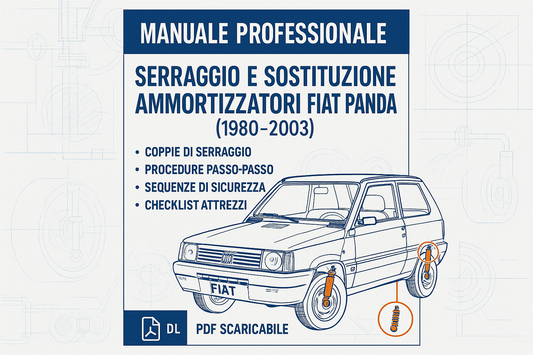 Manuale professionale in italiano per serraggio e sostituzione ammortizzatori Fiat Panda (1980–2003). Coppie di serraggio, sequenze, strumenti, procedure passo‑passo, diagrammi. PDF scaricabile subito.

Coppie di serraggio bulloni/dadi (anteriore e posteriore)
Sequenze corrette e note di sicurezza
Checklist attrezzi e consigli pratici
Formato PDF, leggibile da smartphone e stampabile