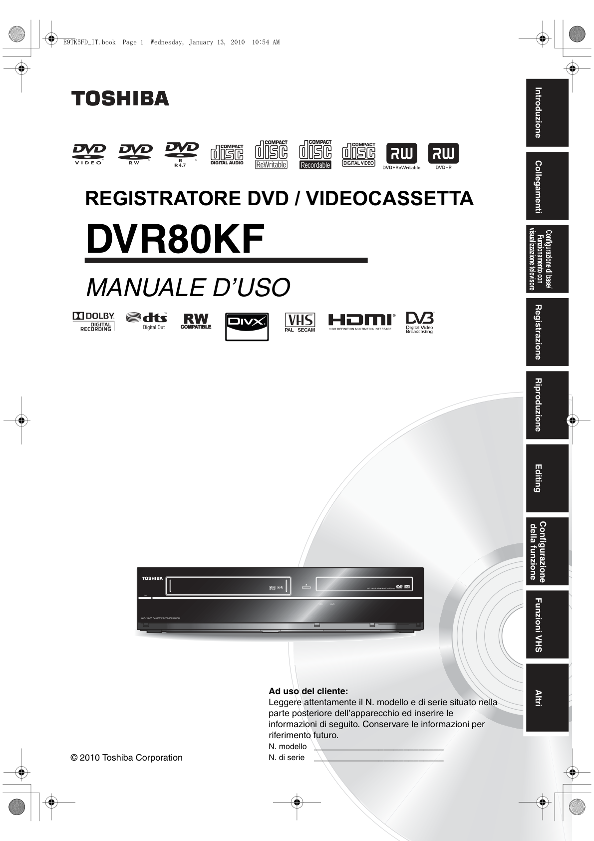 Manuale originale Toshiba DVR80KF registratore DVD VHS multilingua