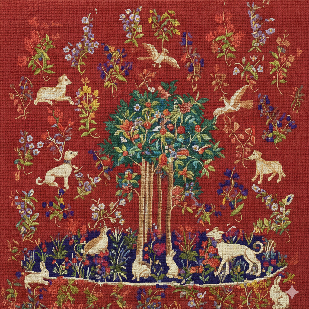 Medieval Animal Tree of Life detail Lady Unicorn Counted Cross Stitch Pattern