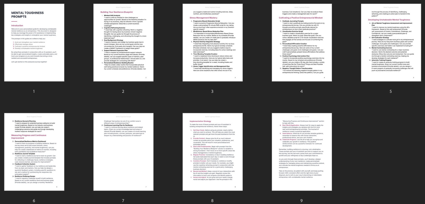 All pages overview of Mental Toughness prompts pack