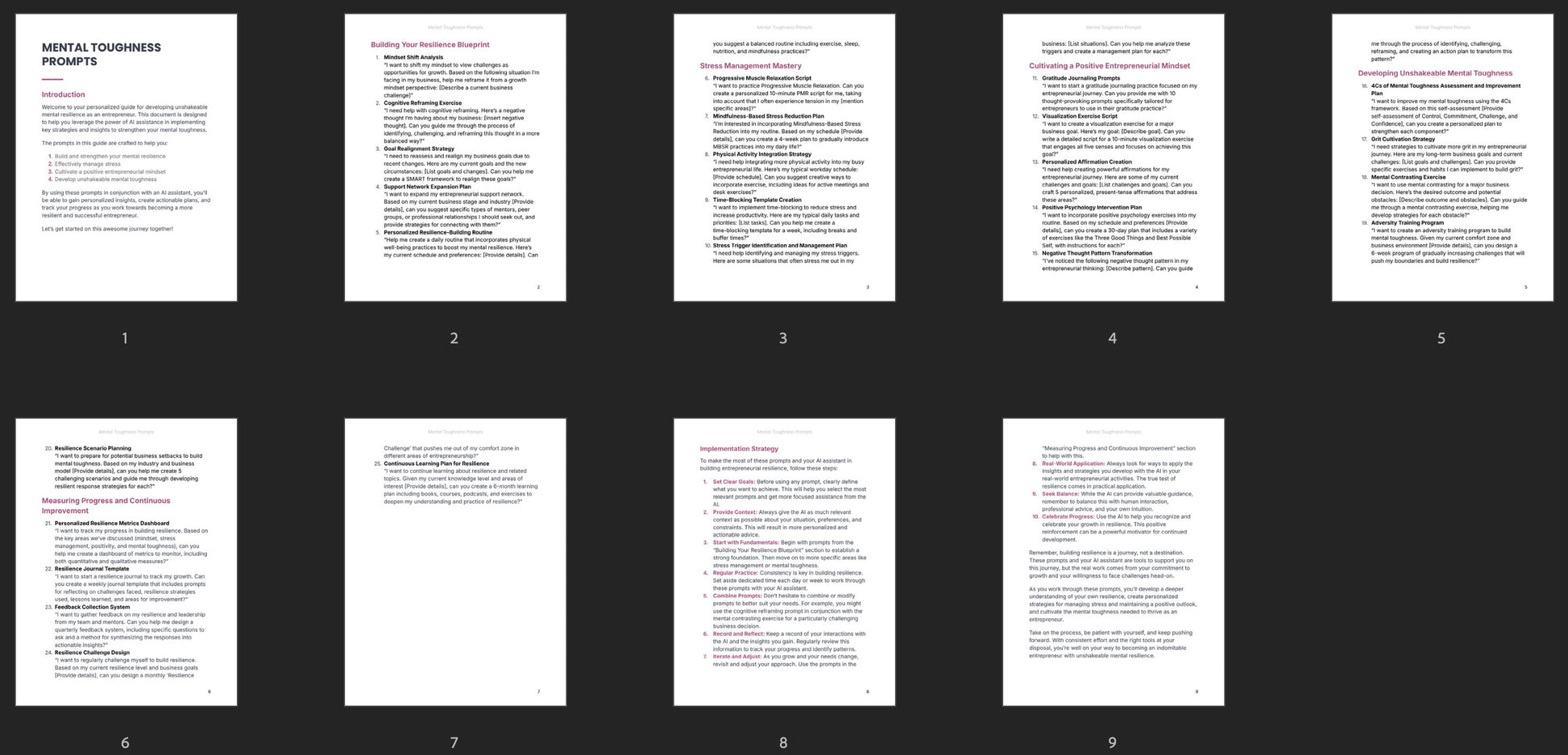 All pages overview of Mental Toughness prompts pack