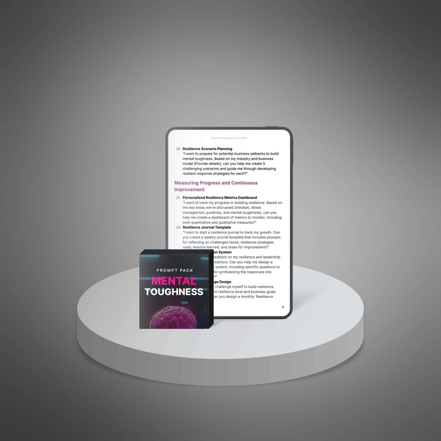 Mental Toughness prompt pack pages displayed on tablet with box mockup