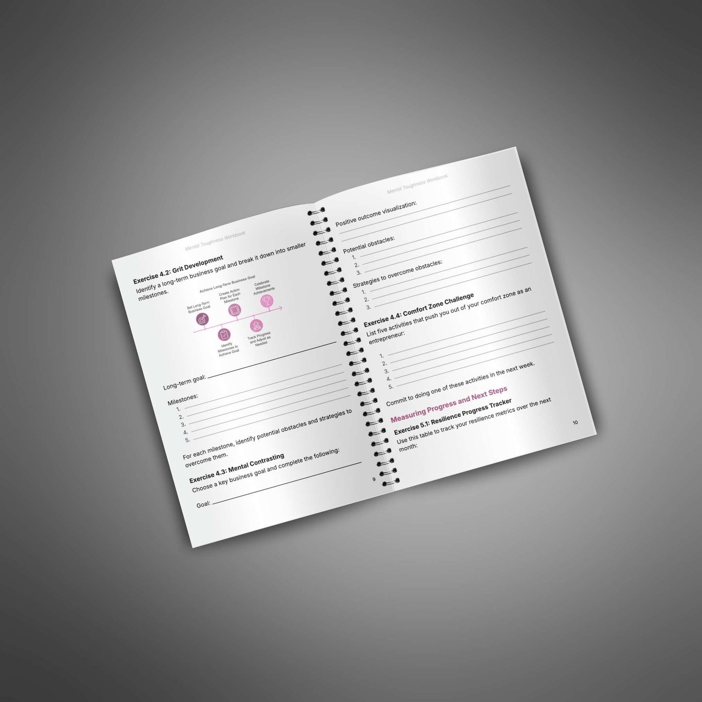 Mental Toughness workbook open pages with exercises and trackers