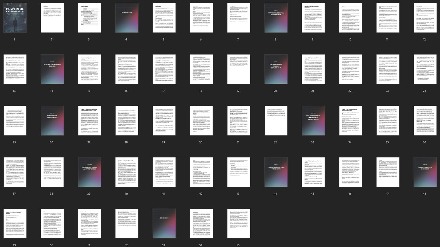 Full overview grid of all pages from the Powerful Entrepreneur ebook