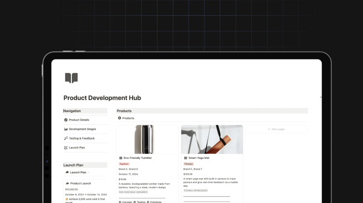 Product Development Hub. Organize product details, track progress, manage testing feedback, and schedule launches in one Notion workspace.