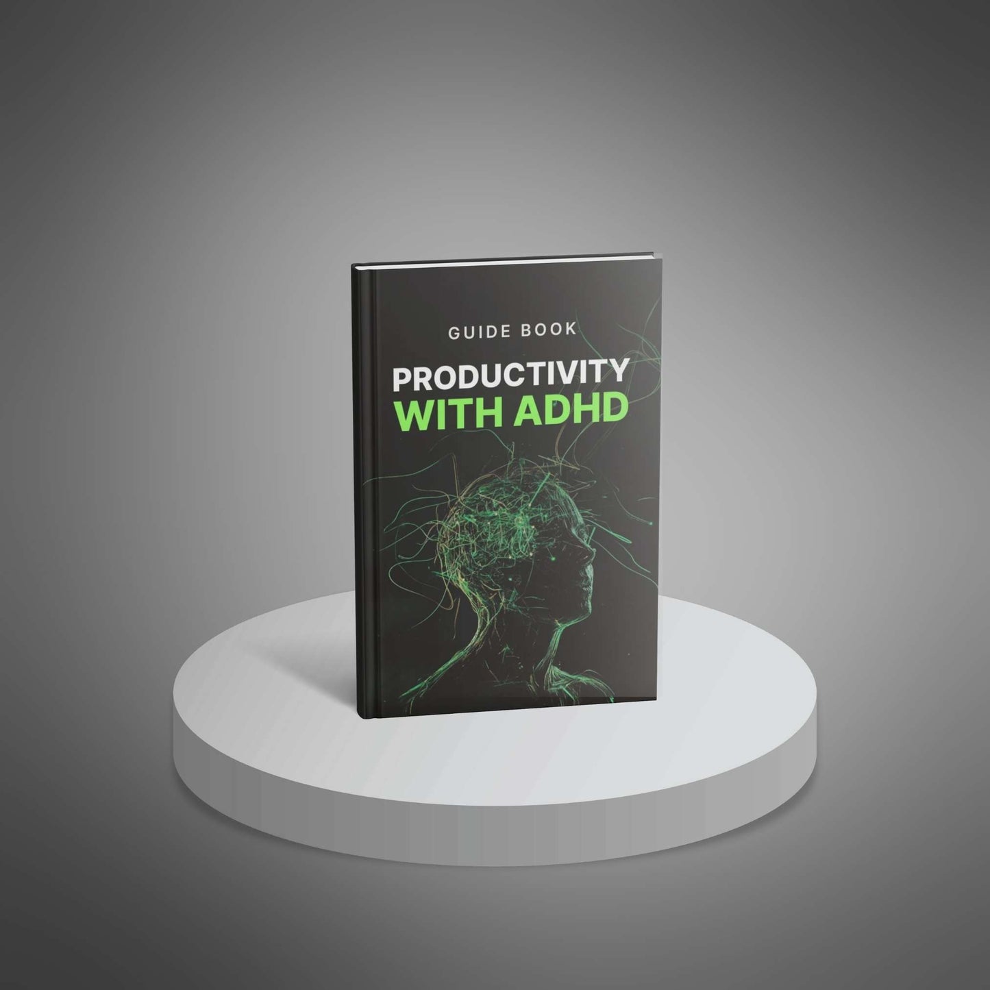 Productivity with ADHD guide hardcover book on pedestal