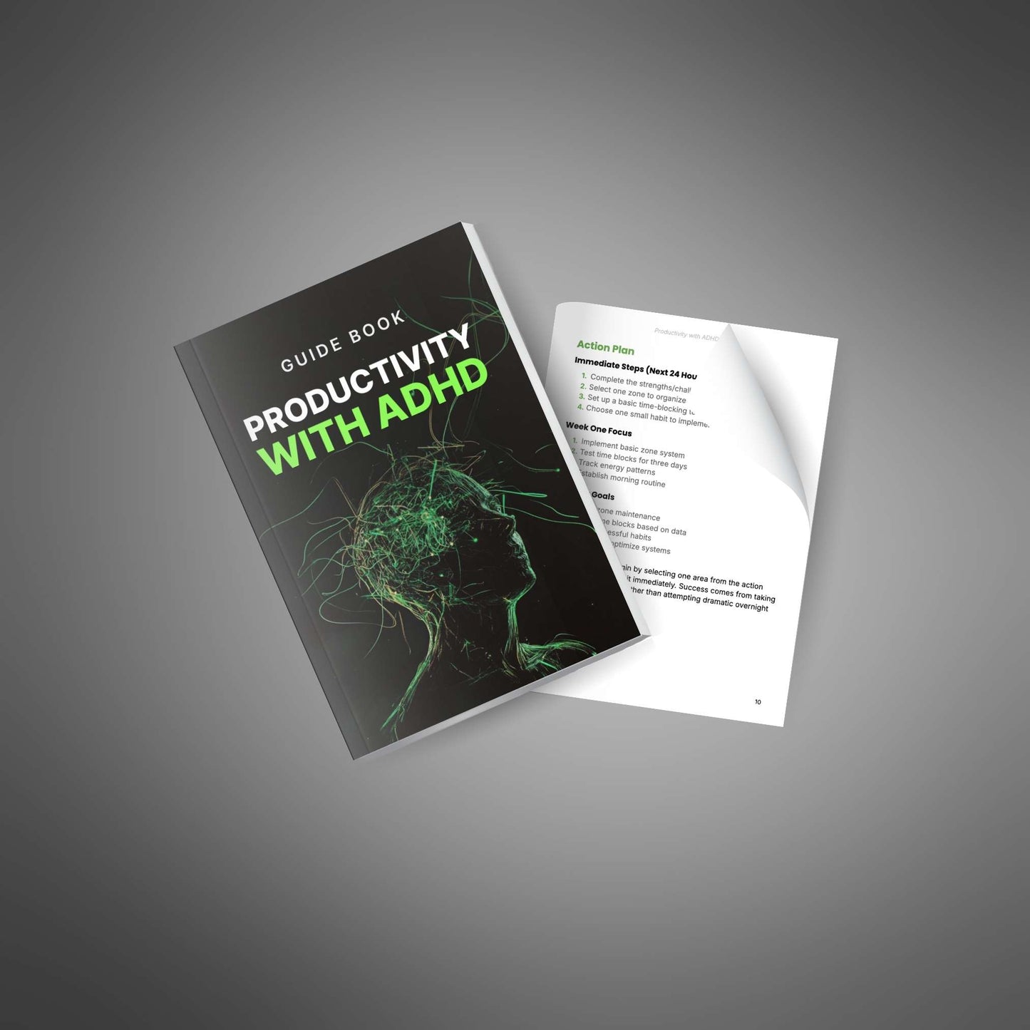 Productivity with ADHD guide with page being turned and action plan spread