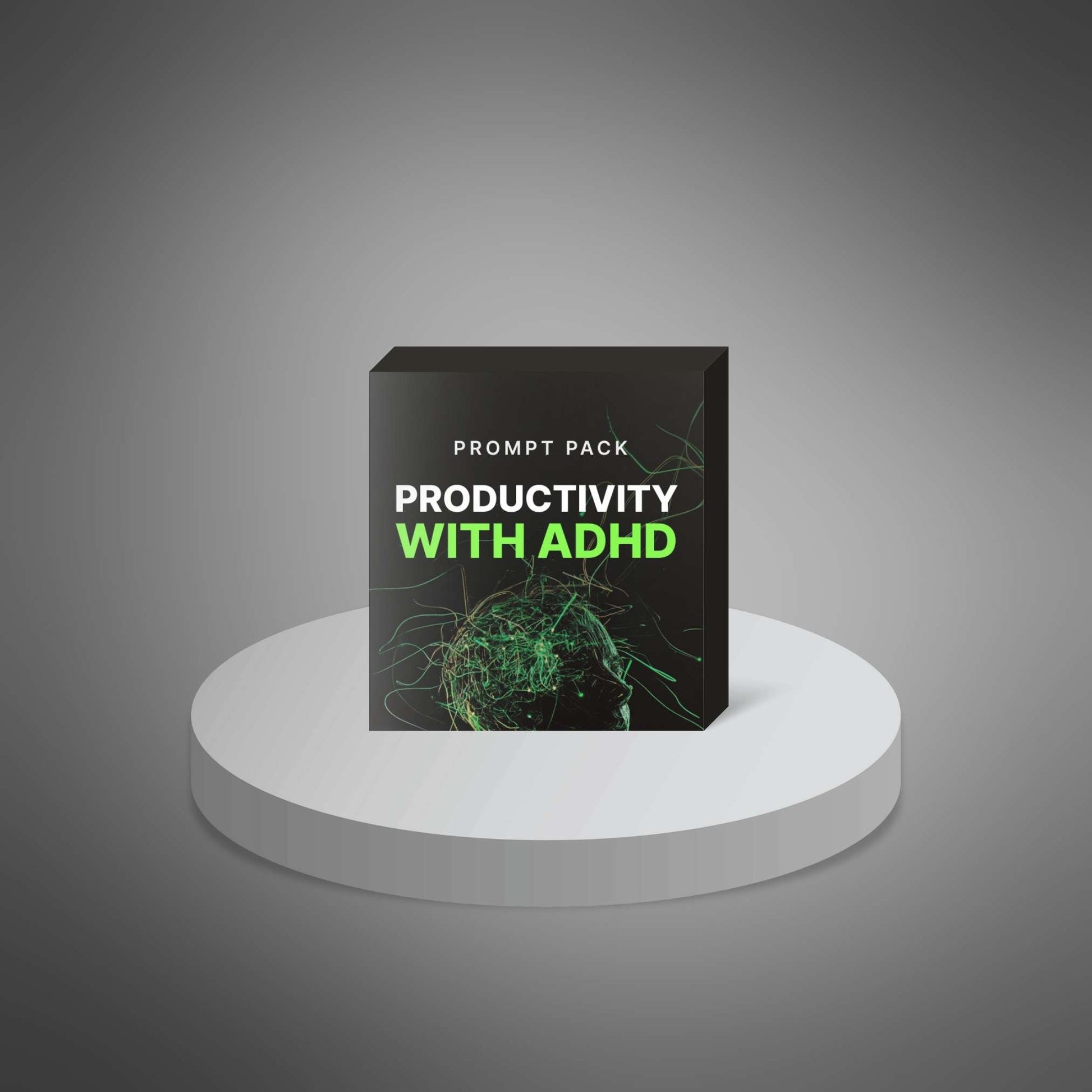 Productivity with ADHD prompts pack box cover on pedestal