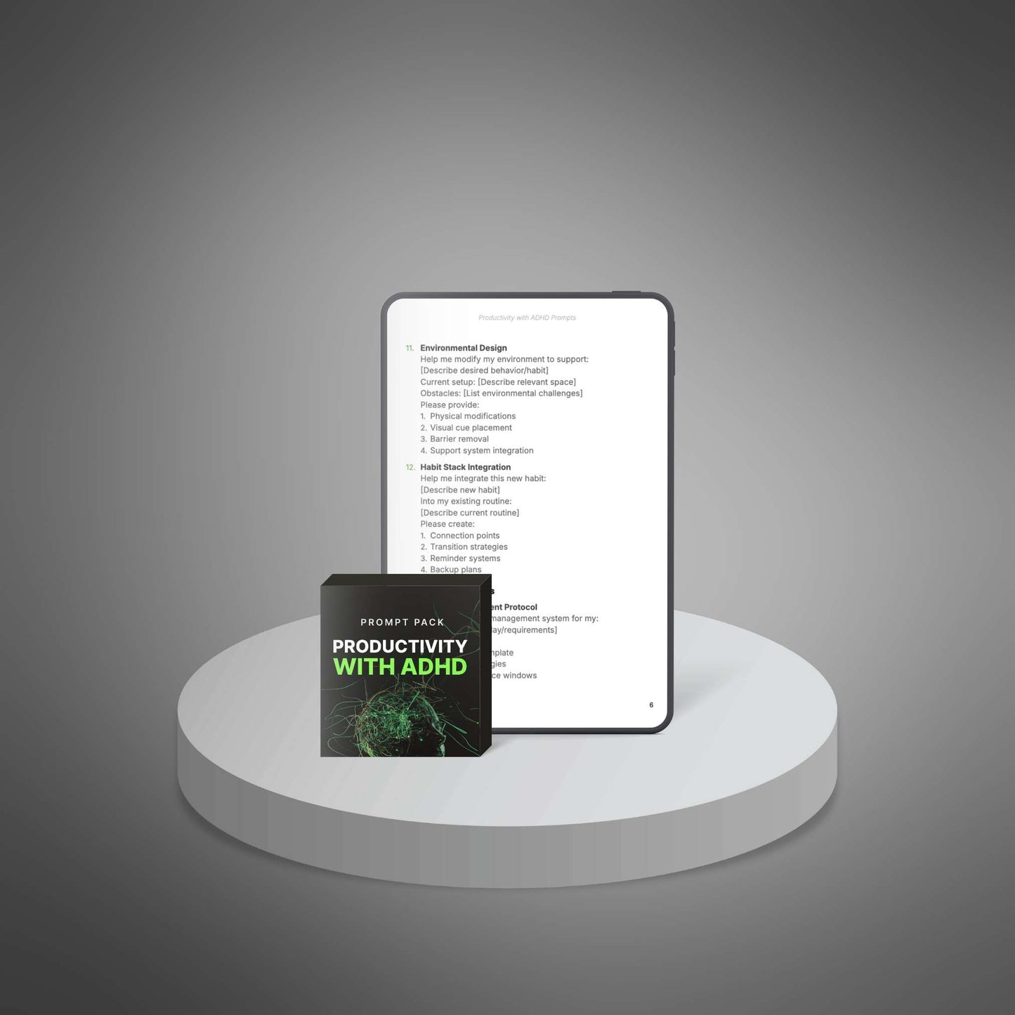 Tablet and box mockup showing Productivity with ADHD prompts pages