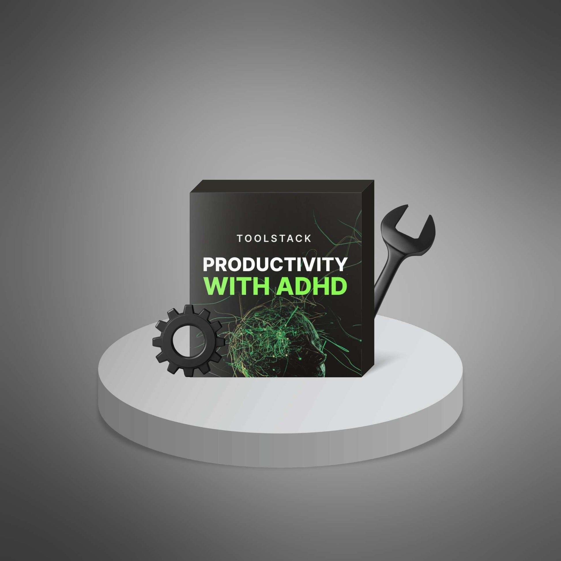 Productivity with ADHD toolstack box mockup on pedestal