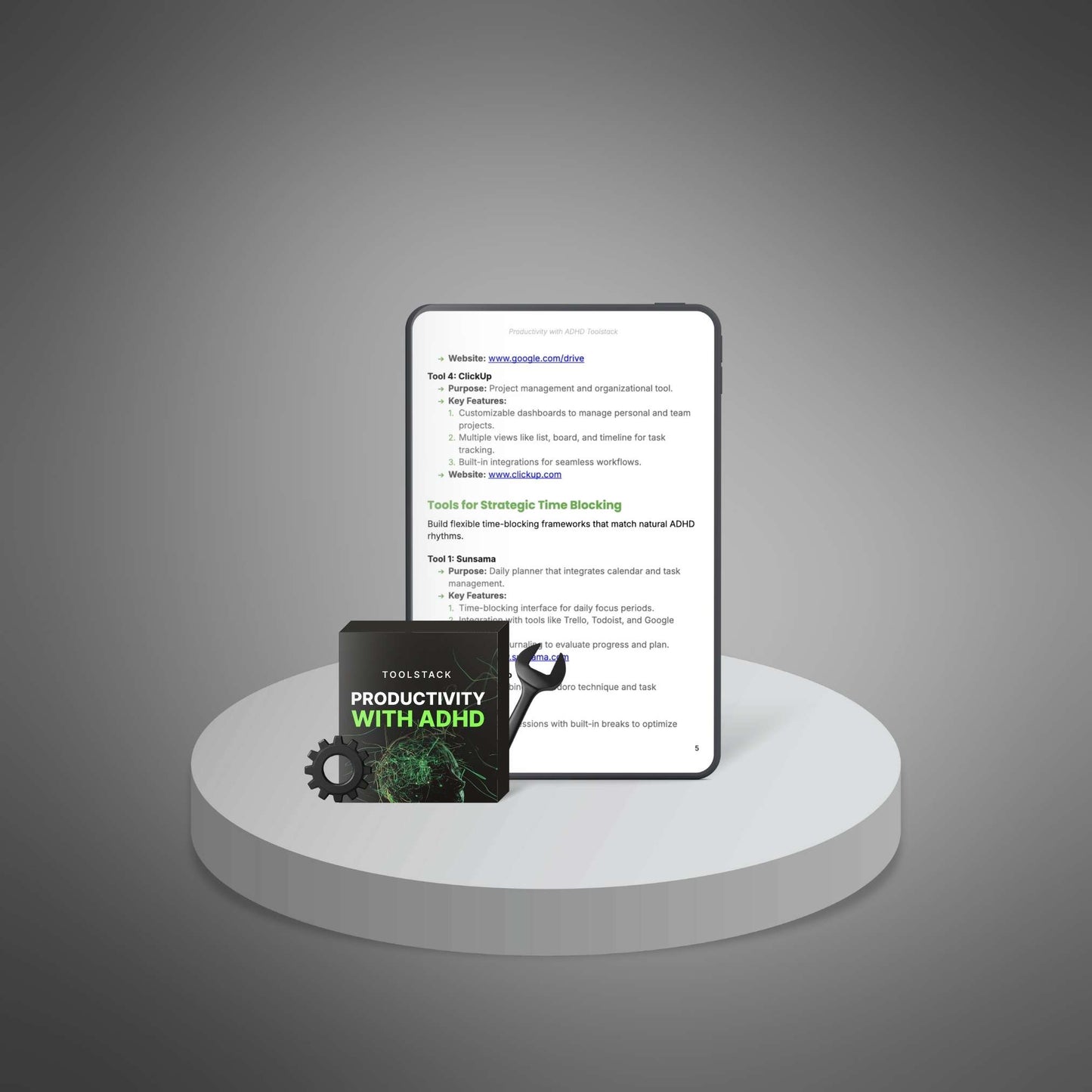 Productivity with ADHD toolstack pages displayed on tablet with box mockup