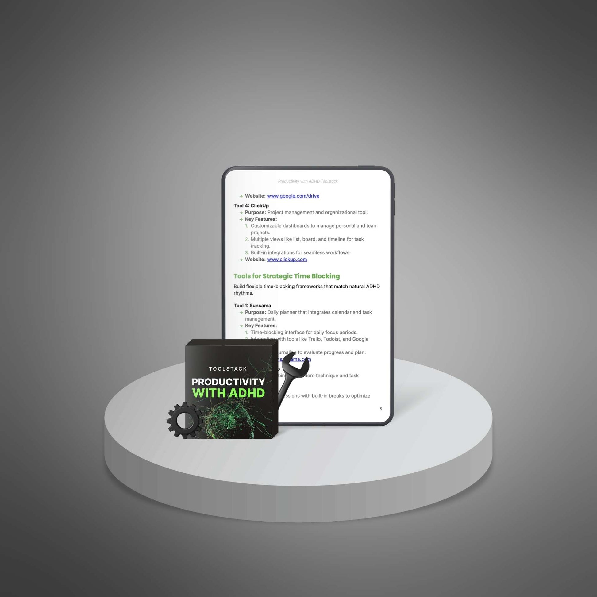 Productivity with ADHD toolstack pages displayed on tablet with box mockup