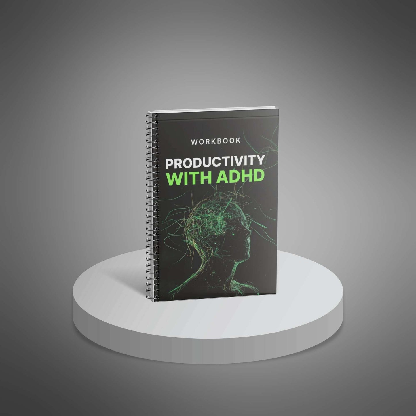 Productivity with ADHD workbook spiral notebook on pedestal