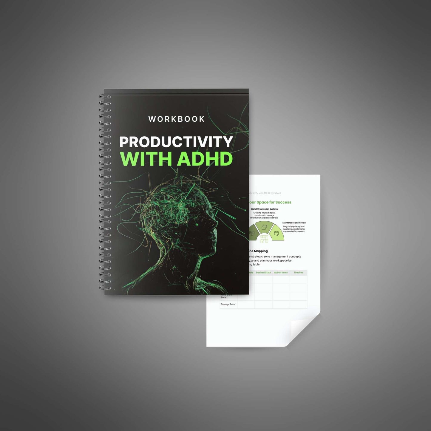 Productivity with ADHD workbook cover with worksheet page behind it