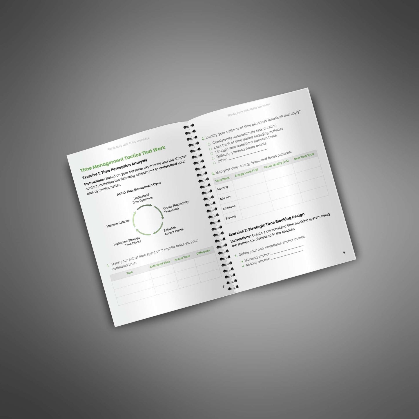 Open pages of Productivity with ADHD workbook showing time management exercises