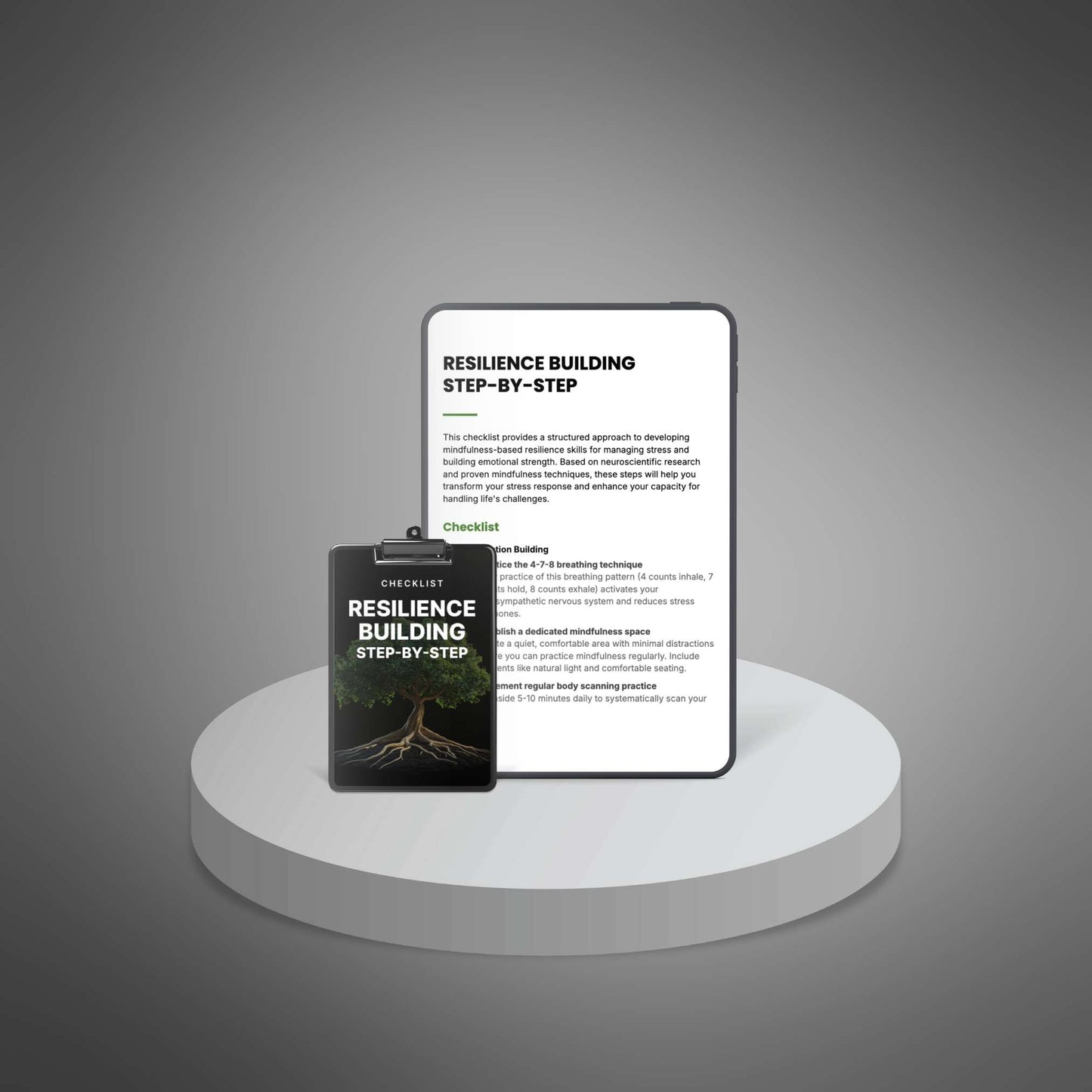 Resilience Building checklist pages displayed on tablet and clipboard