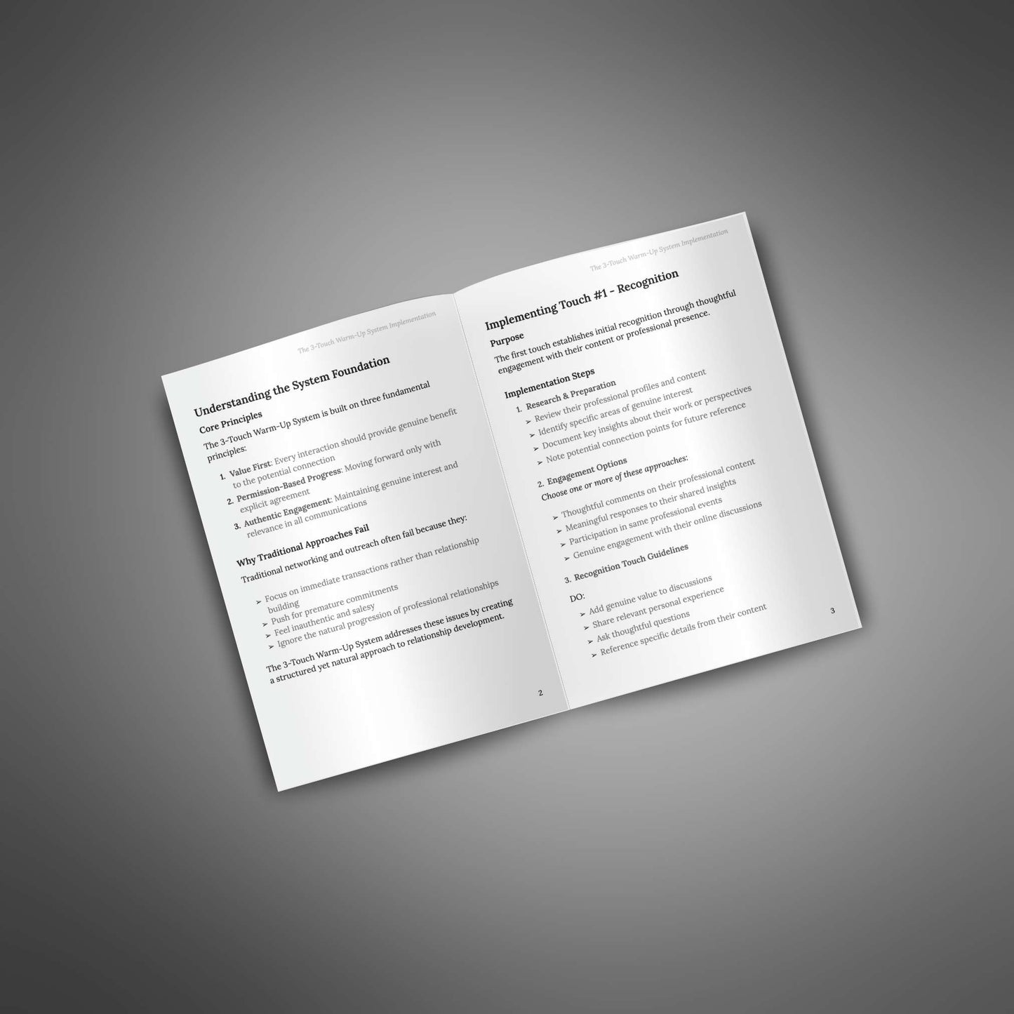 Open booklet showing the Warm‑Up System content