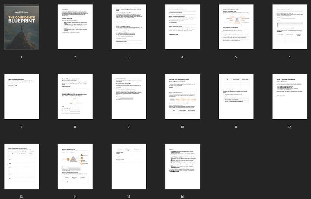 Overview of all pages inside The Confidence Blueprint workbook