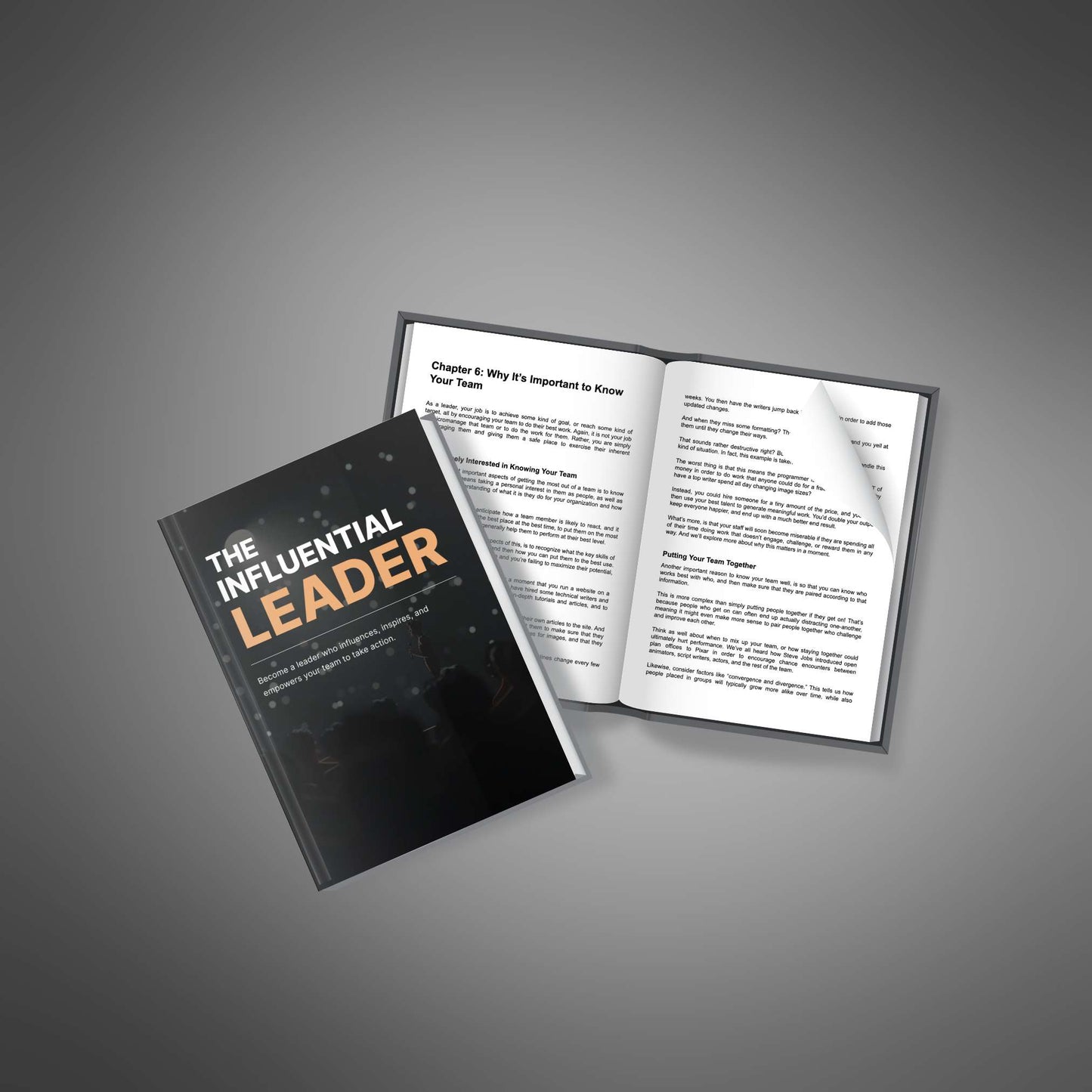 The Influential Leader book and open pages mockup