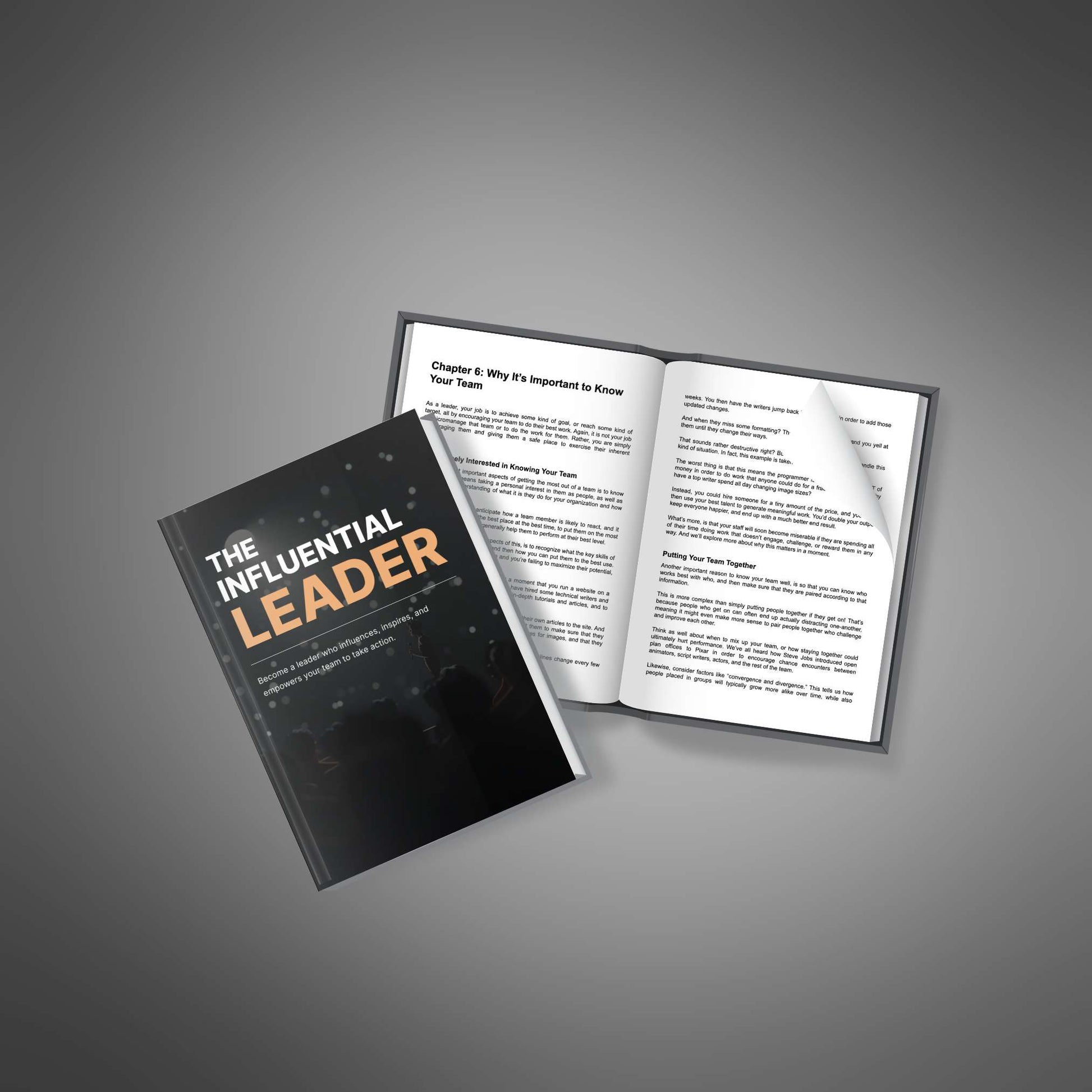 The Influential Leader book and open pages mockup