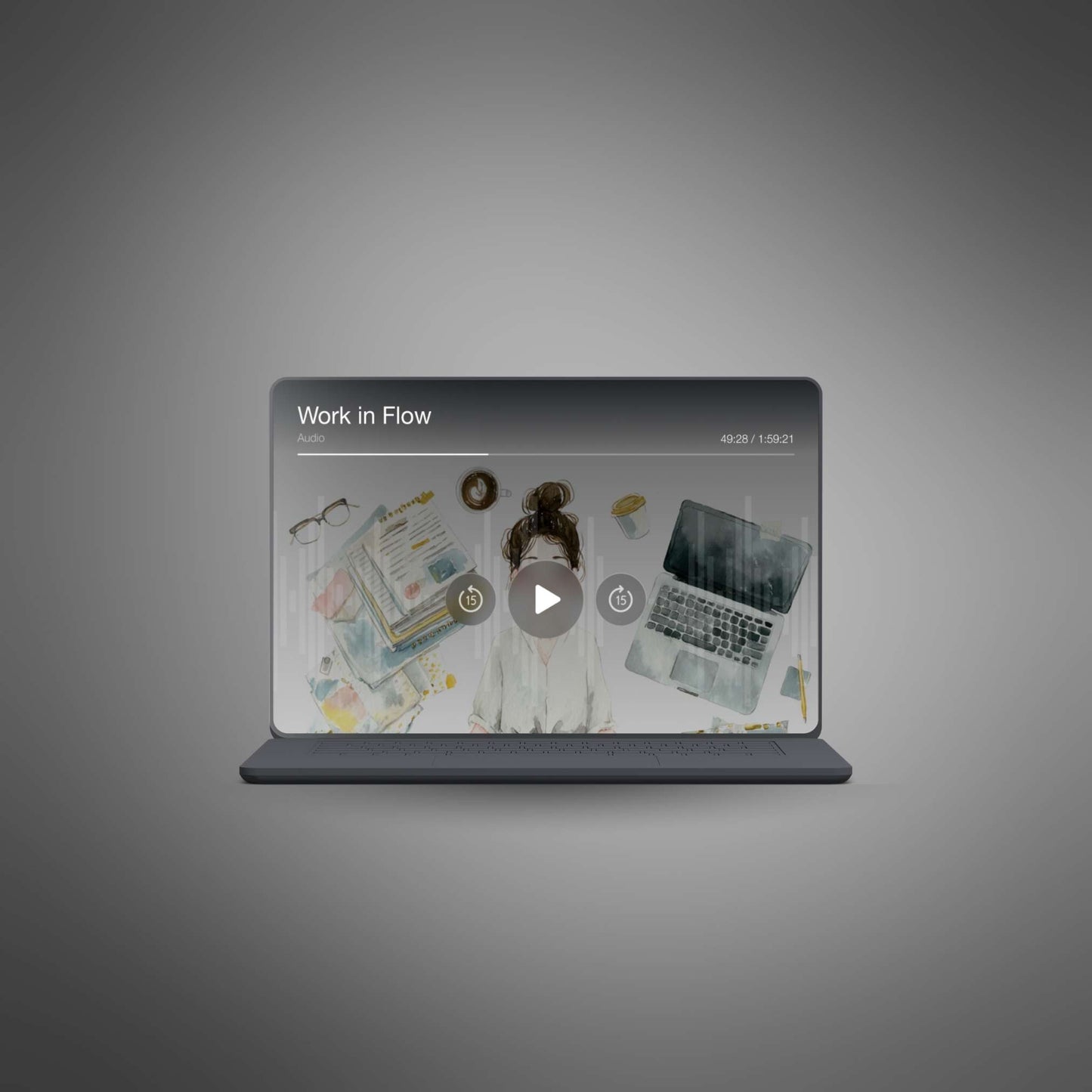 Work in Flow – Audio player mockup on laptop